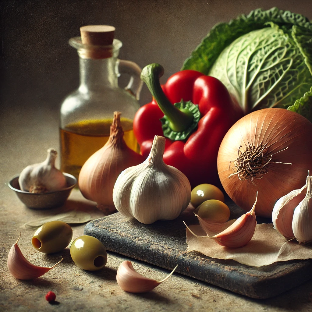 Photo of various ingredients, arranged as a still life.