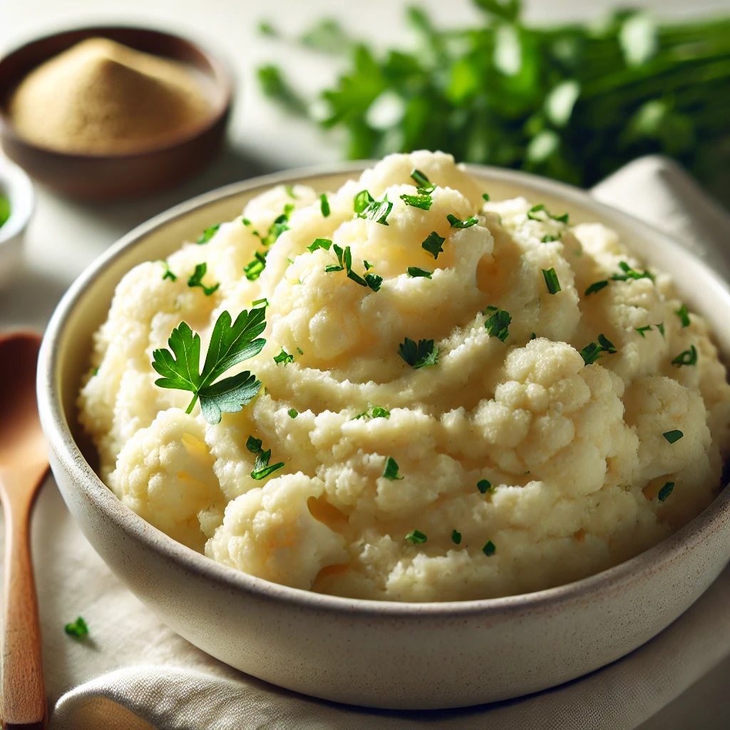Perfect mashed cauliflower recipe: A creamy bowl of mashed cauliflower garnished with fresh parsley and a drizzle of olive oil, showcasing a smooth, thick texture. Ideal for low-carb, healthy side dishes and perfect for preventing watery mash.