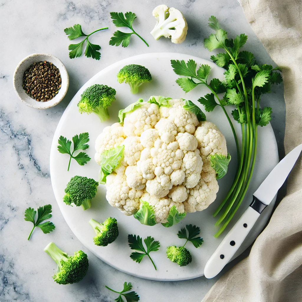 Top-down view of fresh cauliflower on a marble background with green herbs, symbolizing healthy and diabetes-friendly cooking.