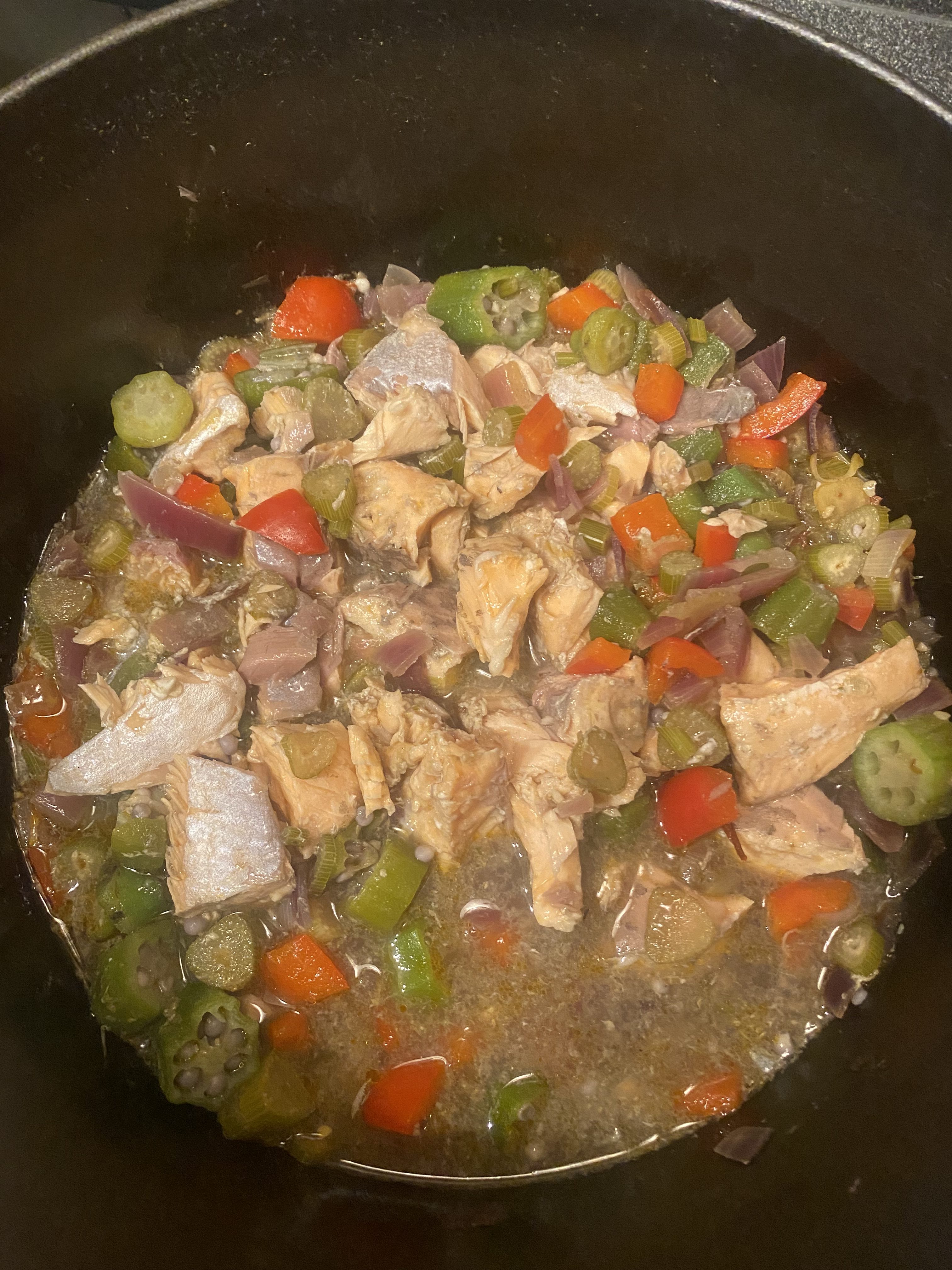 Southwest Salmon Stew with Fennel, Red Bell Pepper, and Okra
